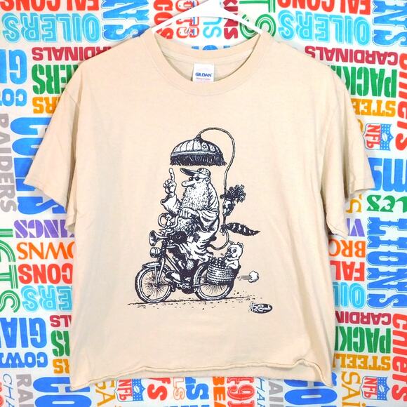 Robert Crumb Mr Natural On A Bicycle Cropped T Shirt Size M Tan Art - Picture 1 of 5
